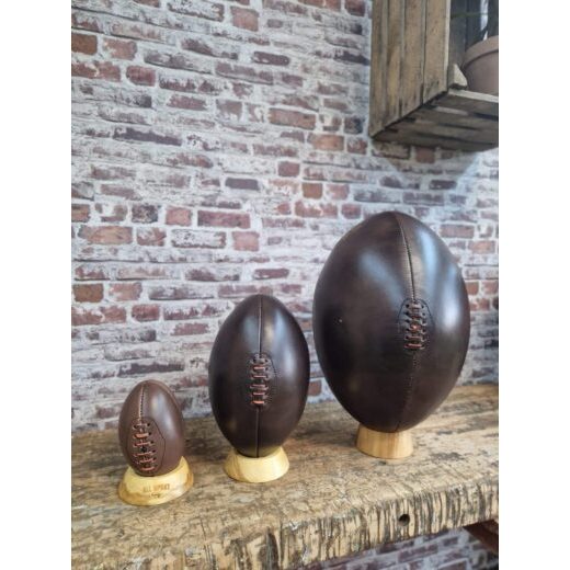 Pack Grand Ballon de Rugby Vintage en Cuir + Support